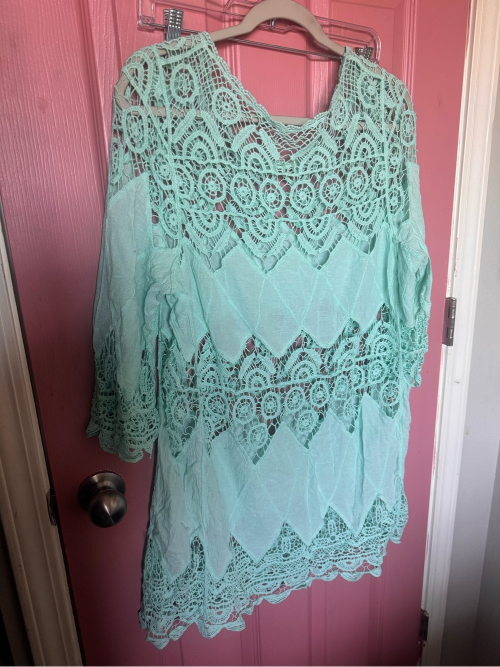 Boho Crochet Lace Tunic Top in turquoise